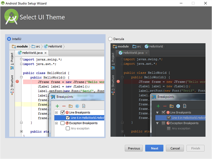 Android Studio Setup - Select UI Theme